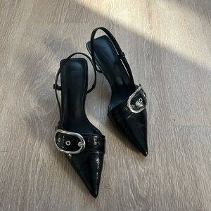 Black Pointed Toe Slingback Mule Low Heels with Oversized Silver Buckle Accent